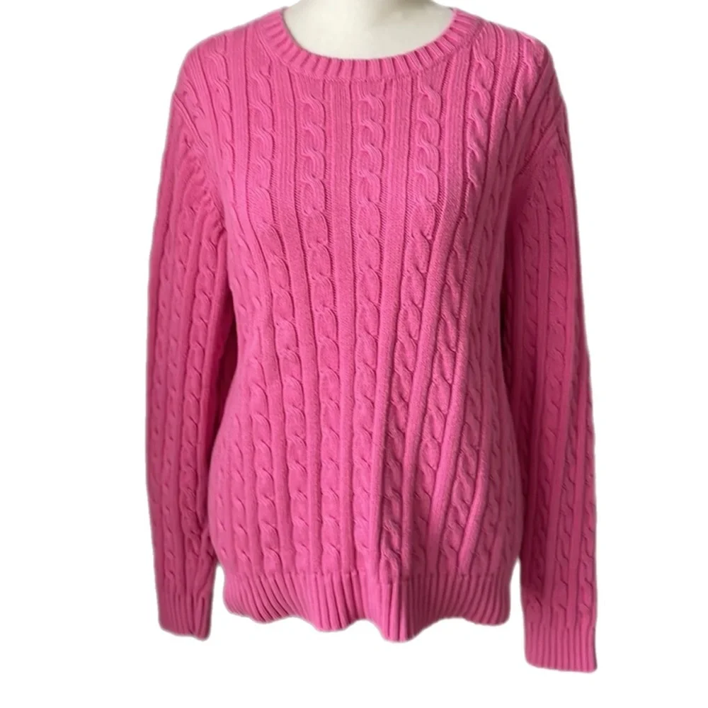 L.L. Bean Chunky Cable Knit Pink Cotton Fisherman Crewneck Sweater - Picture 2 of 12